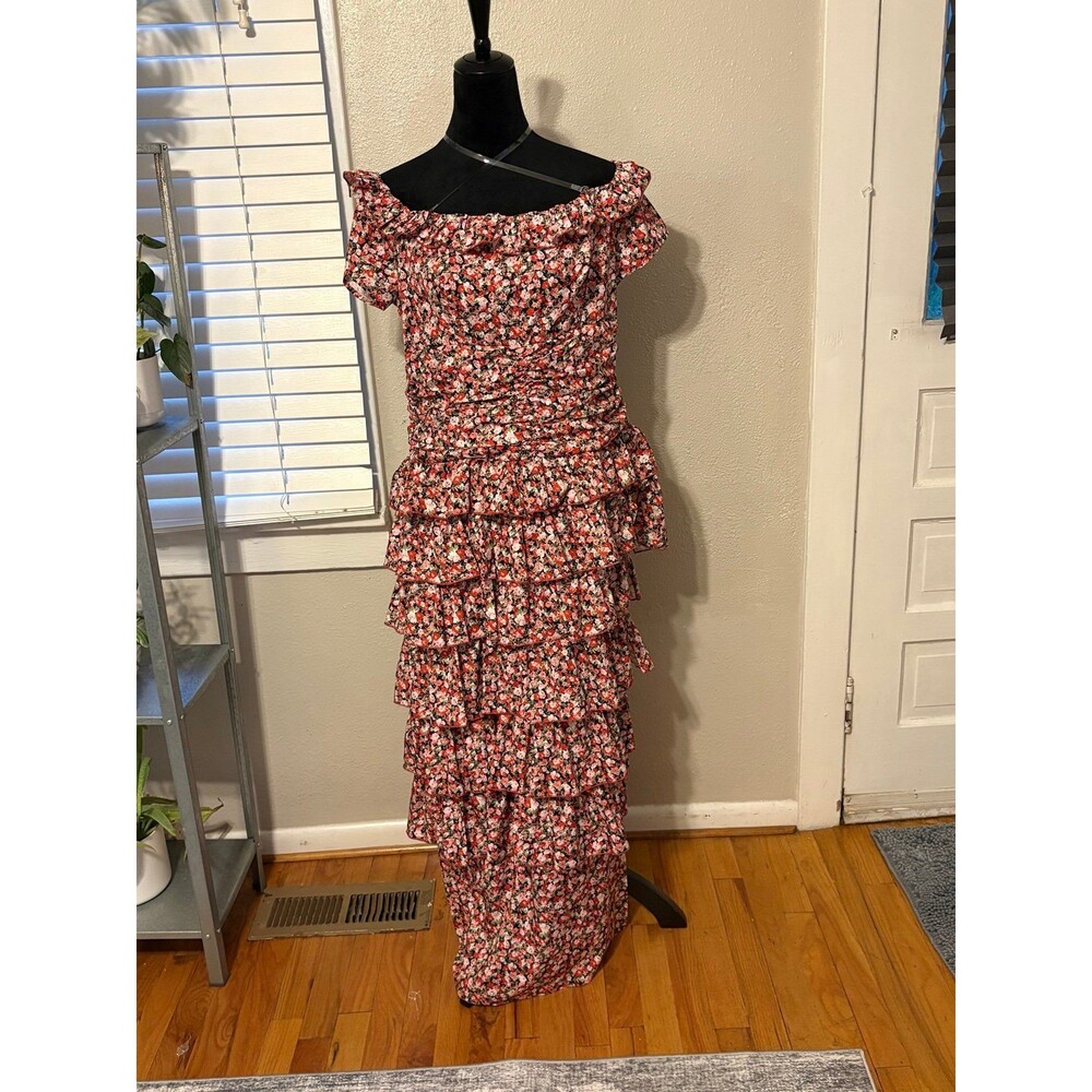 Loragal ditsy floral red and white ruffled maxi off shoulder dress size XL